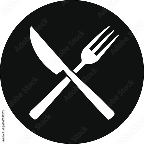 Black circle with crossed knife and fork silhouette isolated on white background