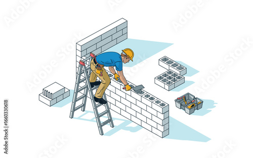 Masonry Worker Laying Concrete Blocks: Illustration of a construction worker building a block wall while standing on a ladder in an isometric view.