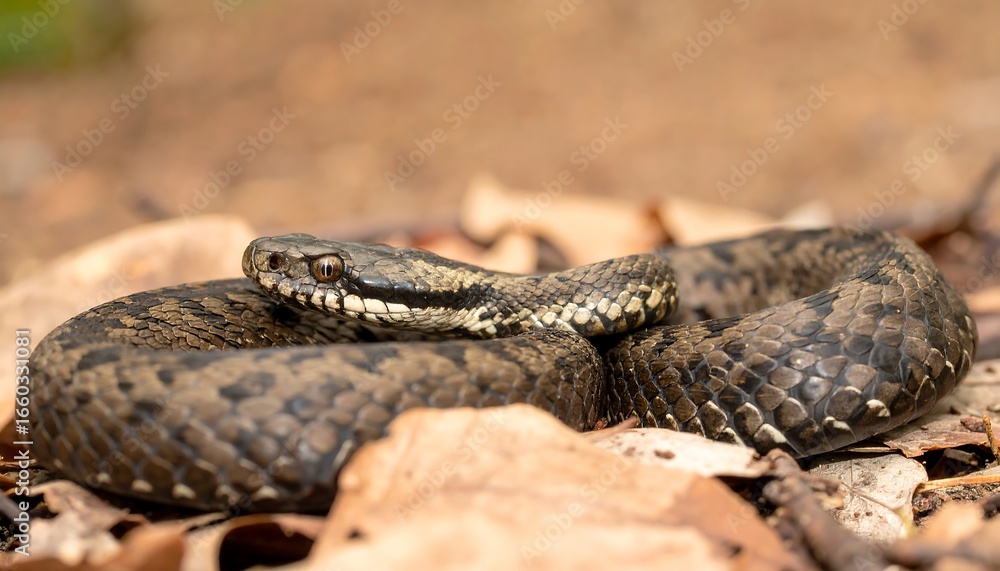 Fototapeta premium Close-up of a coiled viper resting amidst fallen autumn leaves, showcasing its intricate patterned scales and attentive gaze.