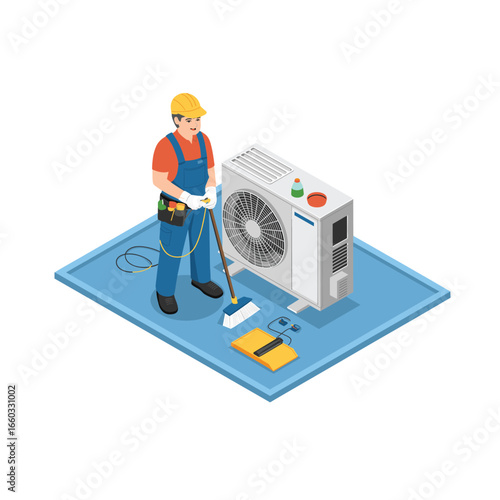Isometric Illustration of Air Conditioning Maintenance: Technician Cleaning Outdoor Unit with Broom and Tools, Ensuring Optimal Performance and Efficiency for Home Comfort
