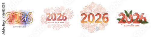 Set of isolated 2026 New Year designs with festive elements  