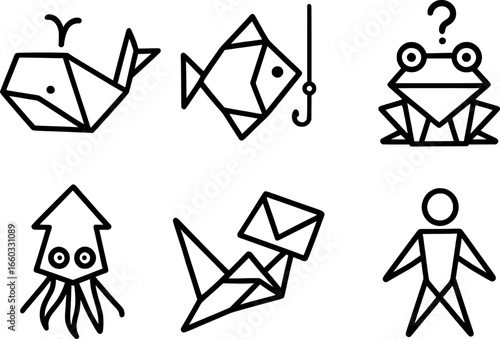 Origami Figures With Creative Unexpected Elements Black Line Vector Icons Set On White Background