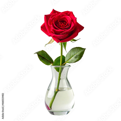 Single red rose in a clear glass vase isolated on transparent background