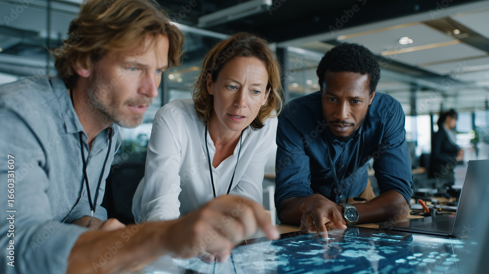 Fototapeta premium Diverse business team in a modern glass office, mixed genders and ethnicities, working with futuristic holographic interface, teamwork and innovation concept, professional corporate style