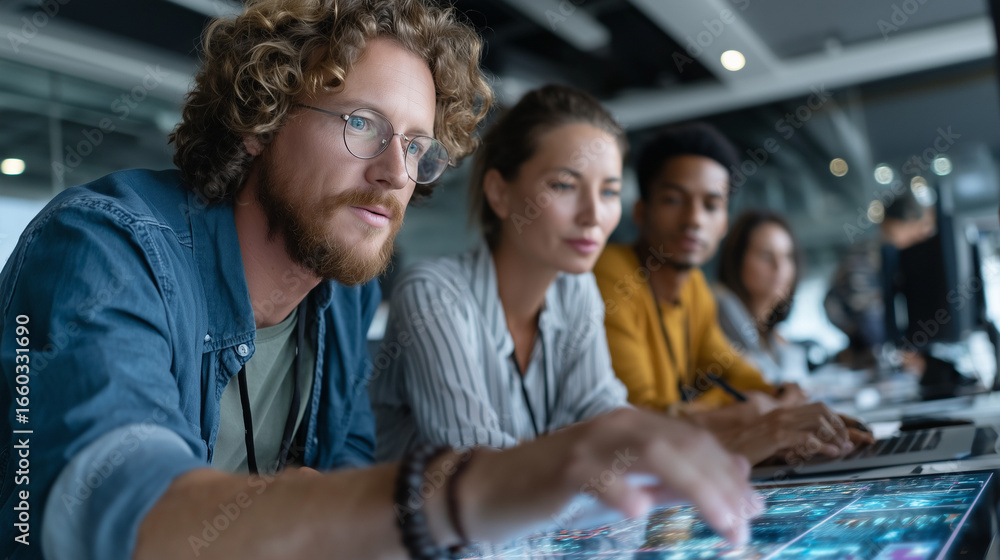 Fototapeta premium Diverse business team in a modern glass office, mixed genders and ethnicities, working with futuristic holographic interface, teamwork and innovation concept, professional corporate style