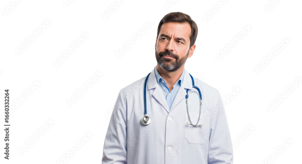 Pensive Male Doctor in Lab Coat with Stethoscope Looking Up and Thinking Pensive Male Doctor in Lab Coat with Stethoscope Looking Up and Thinking