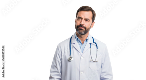 Pensive Male Doctor in Lab Coat with Stethoscope Looking Up and Thinking