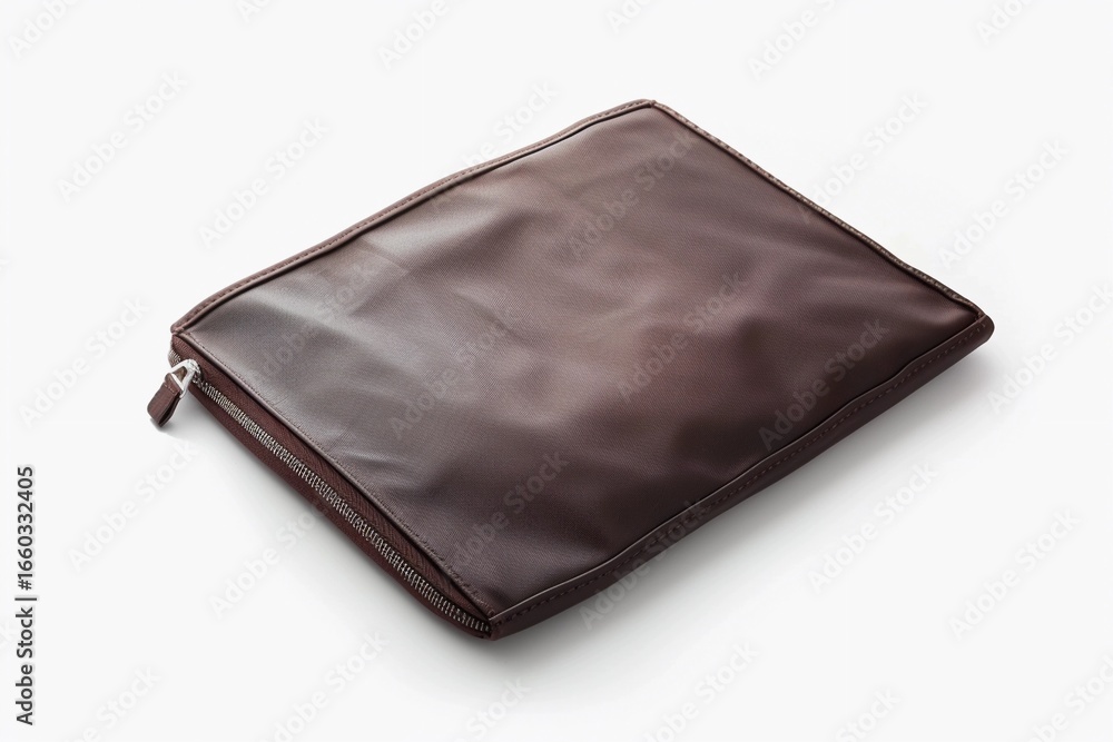 Naklejka premium Stylish brown leather pouch sits on a white background showcasing its sleek design and practical use for organizing essentials