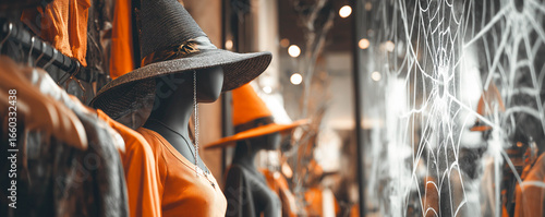 Fashion boutique with Halloween elements subtly integrated mannequins wearing witch hats and clothes in orange and black palettes, spider webs across mirrors.