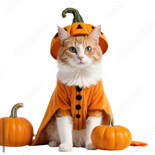 Cute orange and white cat dressed in a Halloween pumpkin costume with pumpkins on either side