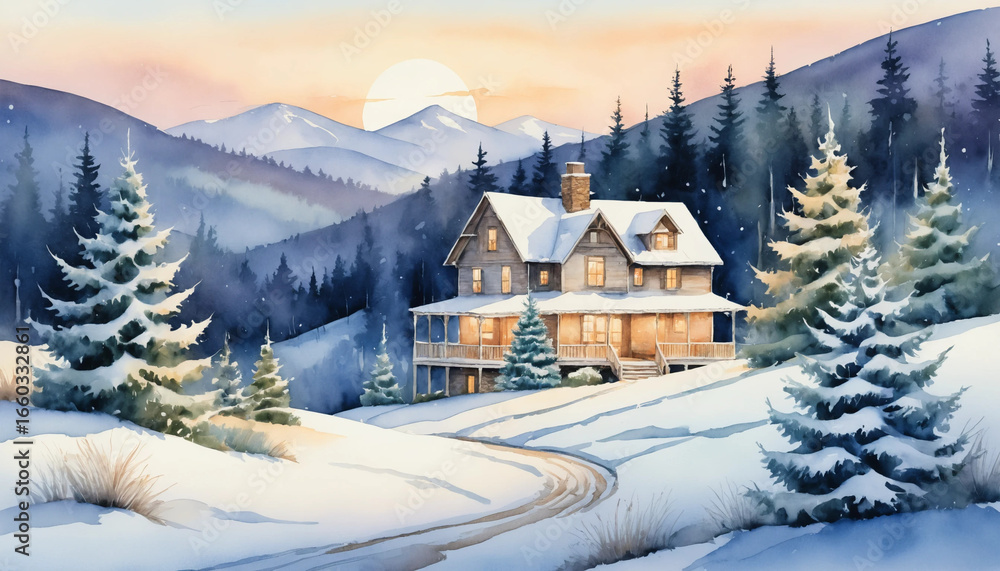 Fototapeta premium Charming watercolor winter landscape featuring a cozy house and snow-covered mountains