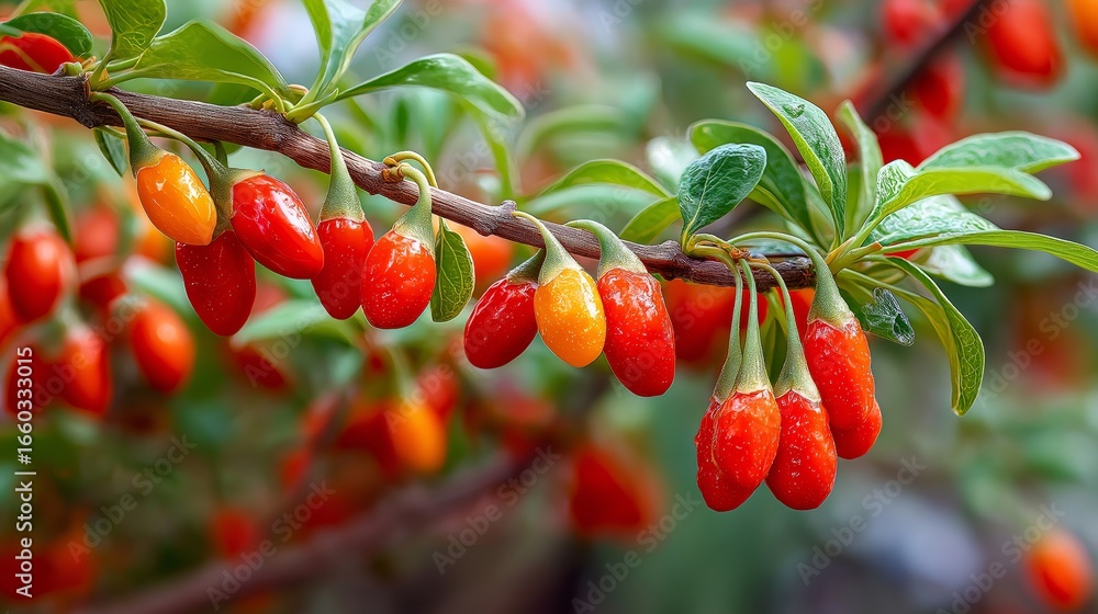 Obraz premium red goji berry on branch with green lush background