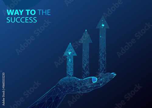 Abstract hand holding up three growing arrows symbolizing success and progress
