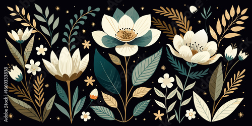 Abstract seamless floral pattern background with vintage flowers, leaves, and a butterfly illustration for spring or summer fabric design