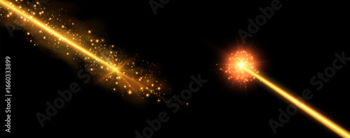 Orange horizontal laser beam. Neon line, presentation pointer. Orange glow flare light effect. Vector illustration. Isolated on dark transparent background.