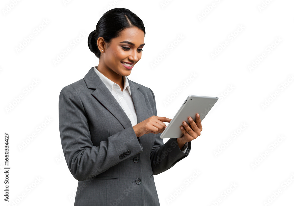 Smiling indian businesswoman in a grey suit uses a tablet device isolated on transparent background Smiling indian businesswoman in a grey suit uses a tablet device isolated on transparent background