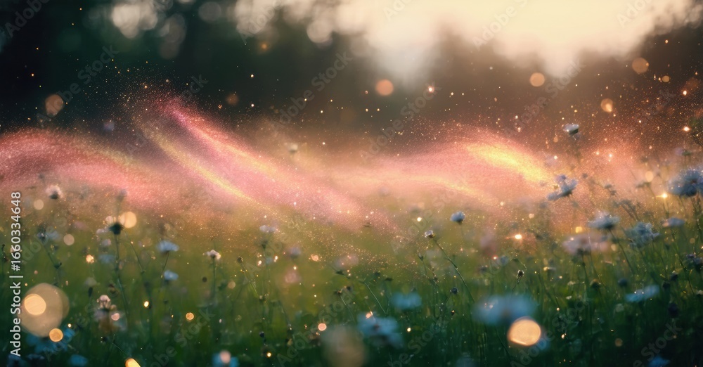 Obraz premium Lush meadow glows. Soft light filters through trees. Magical sparkles drift above delicate wildflowers. Peaceful, serene scene.