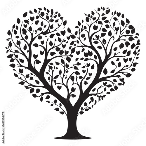 Heart shaped tree with birds and hearts isolated on white background