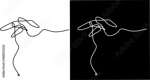Minimalist one-line drawing of a human hand holding a thread, symbolizing control, connection, guidance, and creativity in abstract black and white style