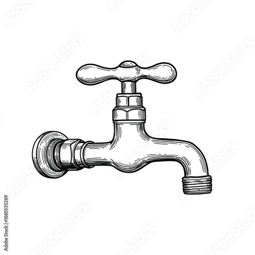 Vintage HandDrawn Water Tap Illustration Plumbing Fixture Faucet Graphic Black and White