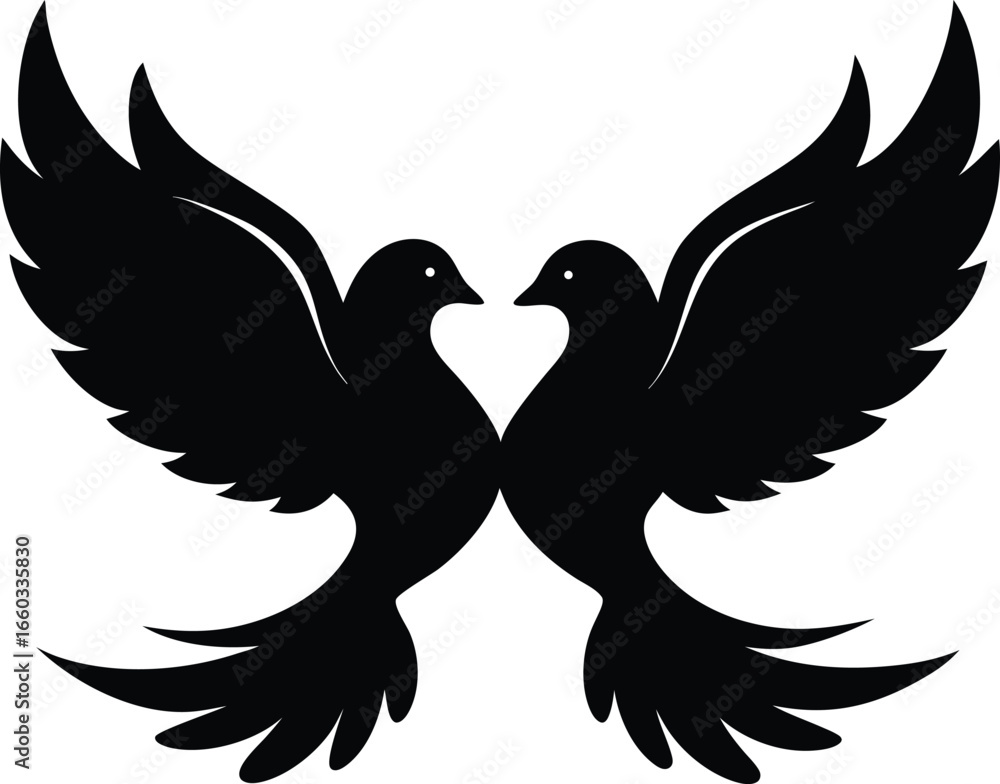 Obraz premium Two black silhouette doves facing each other with wings spread wide isolated on white background