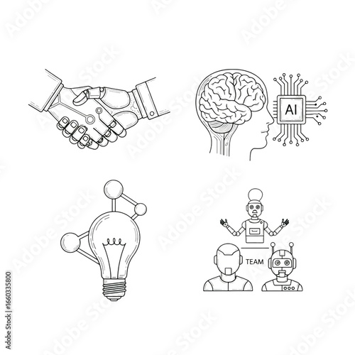 Four hand drawn concept illustrations for business and technology isolated on white background