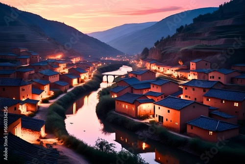 Riverside Village View Under Golden Sky – Cinematic Sunset Scene