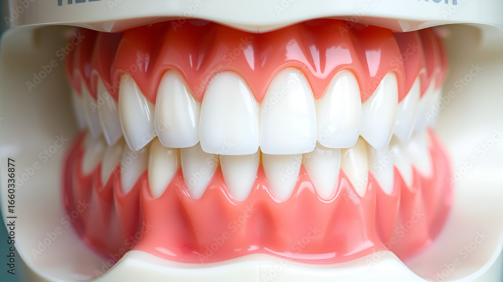 Obraz premium A close-up shot of a dental model showing a full set of perfect teeth. It highlights dental health and hygiene