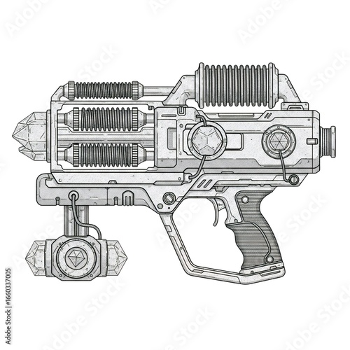 Detailed sketch of a sci fi laser gun isolated on white background