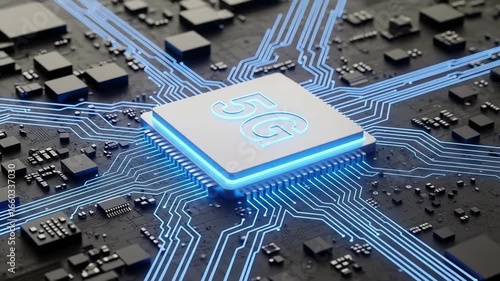 A glowing square microchip radiates energy Electronic pathways light up connecting to surrounding components A powerful network is visualized blue connections