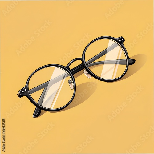 Round black eyeglasses with dotted hinges on vibrant yellow background – Minimalist fashion accessory, stylish eyewear, modern design, pop color contrast, optical product, branding