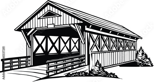 Charming Covered Bridge Silhouette Illustration Rural Landmark Scene.