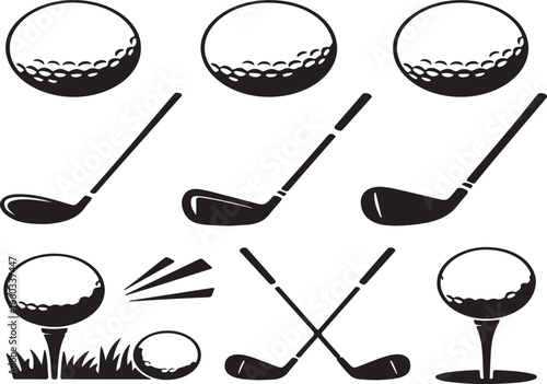 A set of vector sport icons including golf clubs, balls, and other equipment for various games