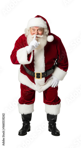 PNG cut out isolated background. A full-length portrait of Santa Claus making a shushing gesture by holding a finger to his lips.