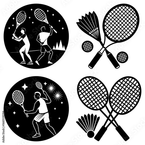 Illustration featuring badminton players, rackets, shuttlecocks, and stars in black and white style