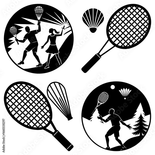 Illustration showing badminton players with rackets and shuttlecocks in various compositions and settings