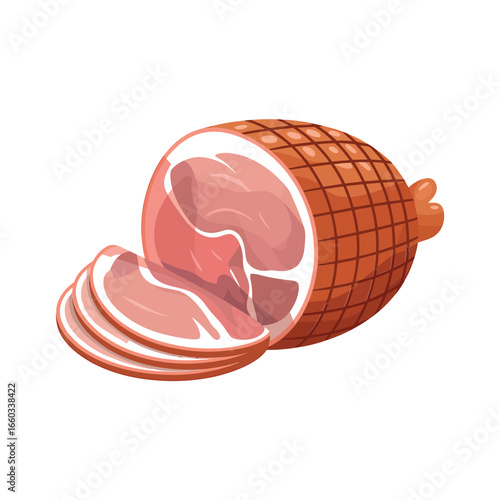 Whole ham with slices on a white background