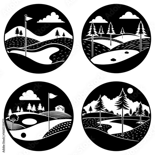 Four black and white circular golf course landscapes with flags trees and scenic elements depicted in monochrome