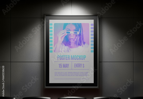 Movie Poster Mockup Framed on Theater Wall