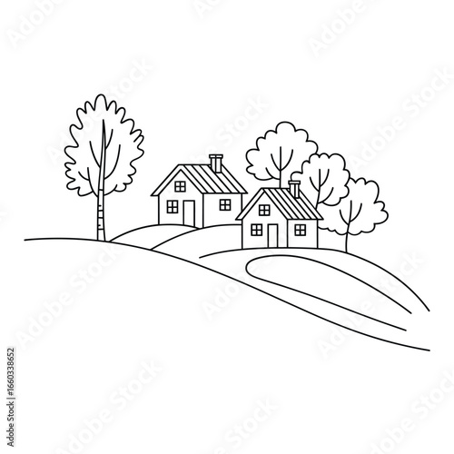 Charming hand drawn sketch of two houses on a hillside with trees