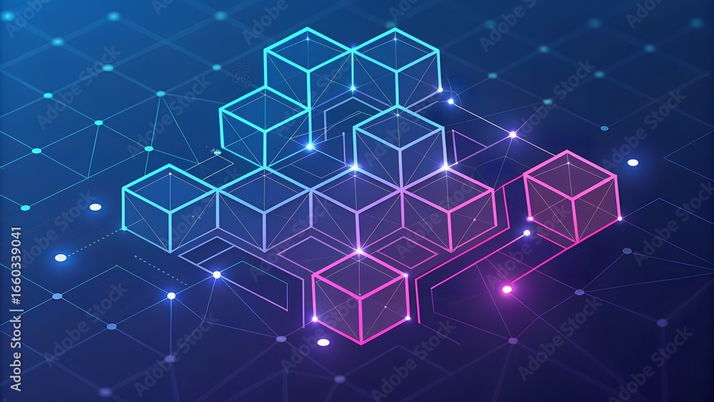 Obraz premium Interconnected neon cubes forming a digital grid on a dark background – Blockchain architecture, technology, abstract, data network, digital infrastructure, futuristic, innovation