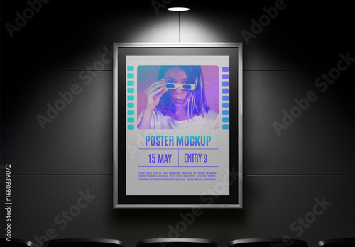 Movie Poster Mockup Framed on Theater Wall