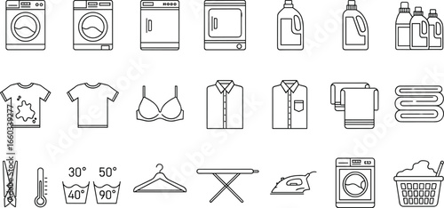 Laundry and Washing Icon Set – Washing Machines, Detergents, Clothing, Symbols, Ironing, Baskets, Household Chores, Cleaning Tools, Textile Care