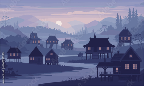 Tranquil village nestled by winding river at dusk, warm lights glow from stilted houses amidst misty mountains and trees