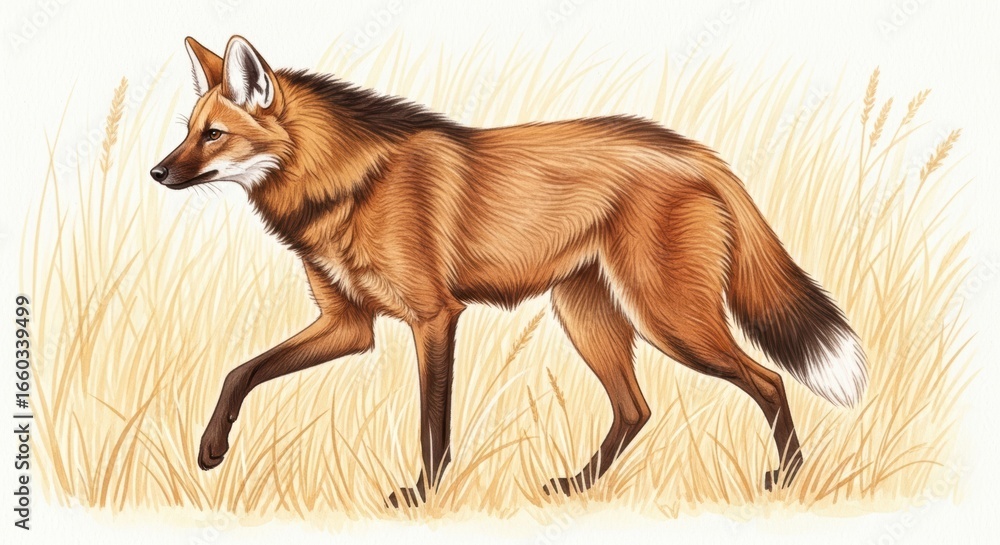 Fototapeta Illustrated maned wolf in natural habitat walking through tall grass