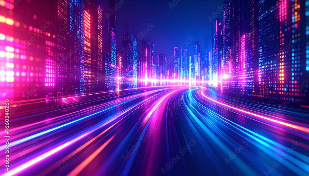 Obraz premium Futuristic City Nightscape with Vibrant Neon Lights and Speedy Road