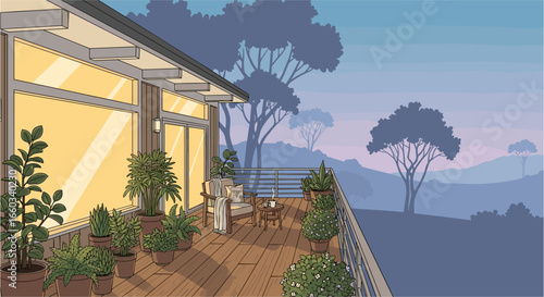 Serene modern balcony oasis with lush plants and misty mountain sunrise view