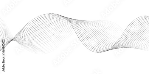 Minimalist illustration featuring dotted waveforms in black fading to gray, gracefully intertwining and creating a fluid, rhythmic structure on a clean white backdrop, symbolizing connectivity, balanc