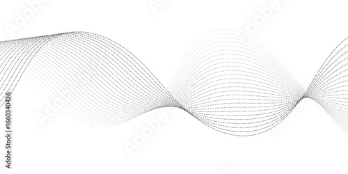 Minimalist illustration featuring dotted waveforms in black fading to gray, gracefully intertwining and creating a fluid, rhythmic structure on a clean white backdrop, symbolizing connectivity, balanc