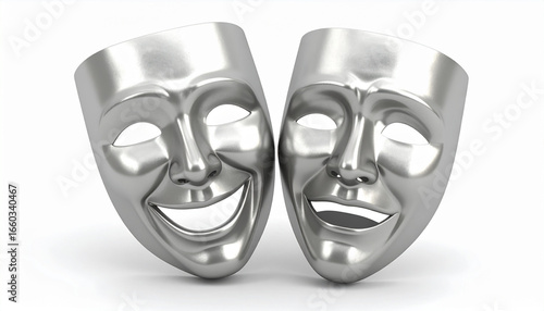 Smiling and Frowning Silver Theater Masks Representing Comedy and Tragedy, Emotion